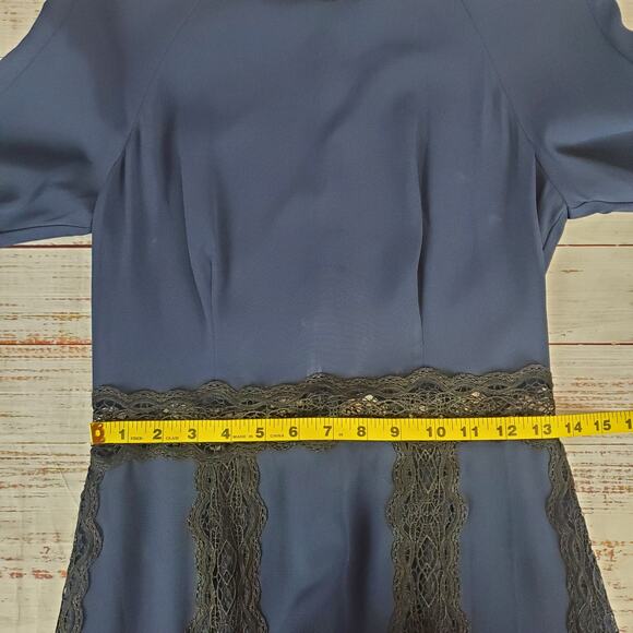 Jonathan Simkhai Blue Dress Black Lace Trim 4 Swing Party Flare Bell Sleeve NWT - Picture 12 of 16